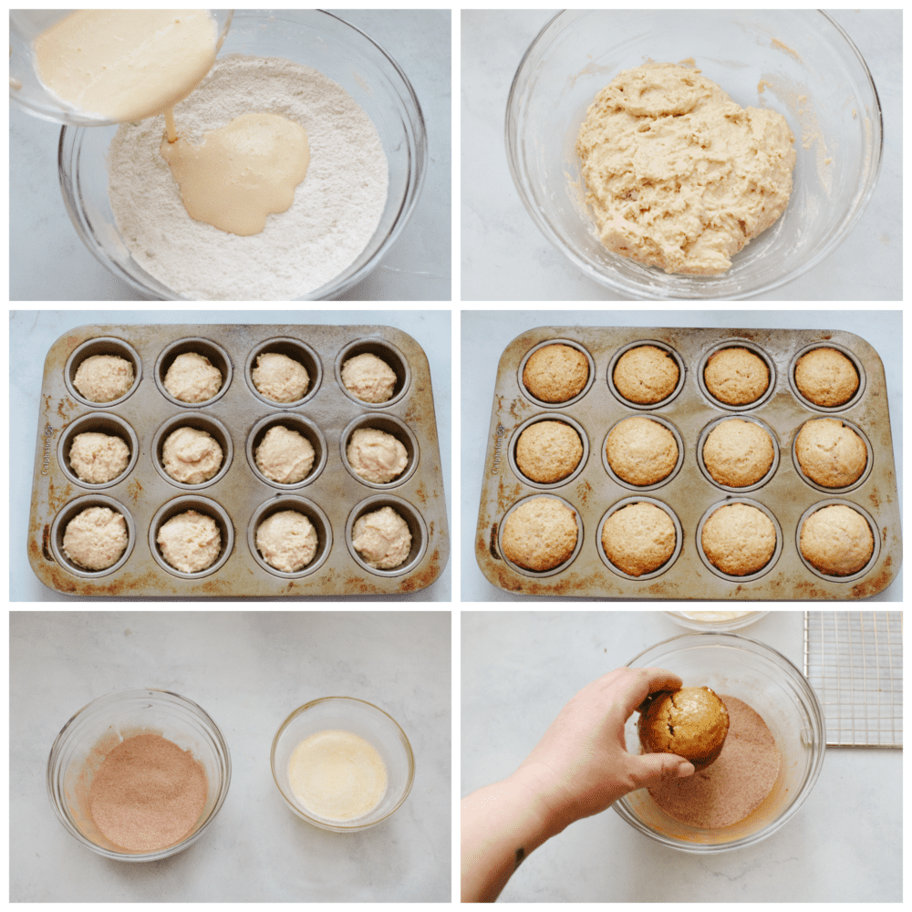 6 pictures showing how to make the batter, cook it, and then dip the cooked muffin in the cinnamon-sugar topping. 
