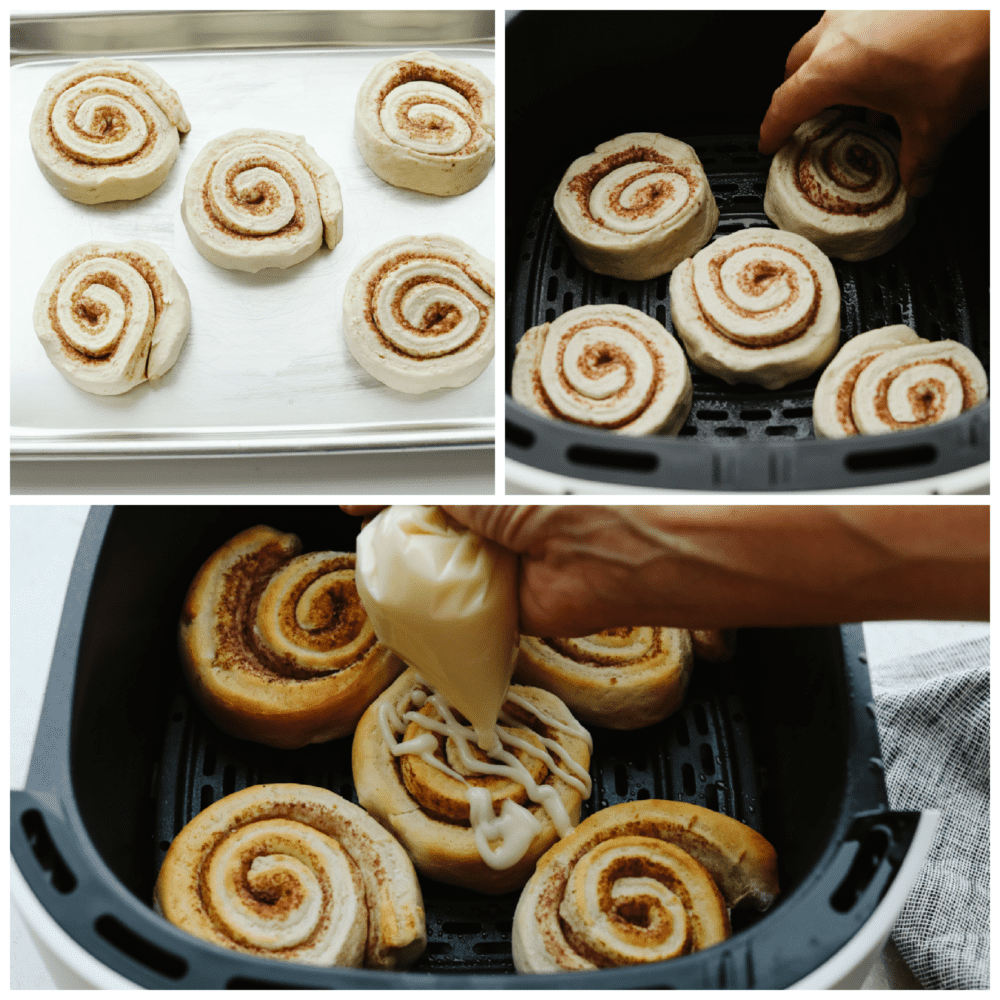3 pictures showing how to set cinnamon rolls in an air fryers and then frost them when they are cooked. 