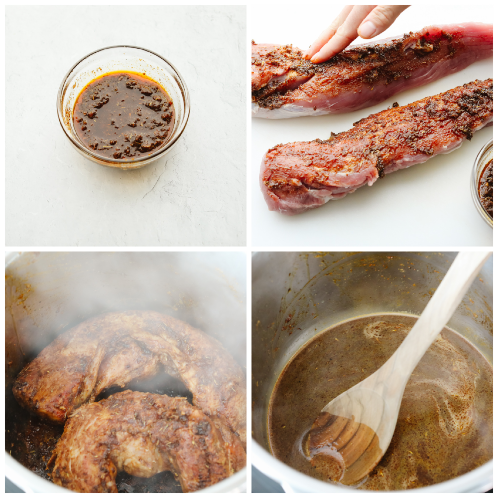 Process shots of preparing rub and cooking pork tenderloin in an Instant Pot.