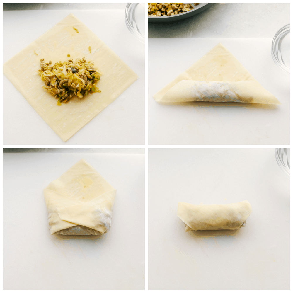 Step by step rolling illustrations of rolling egg rolls in egg roll wrappers.