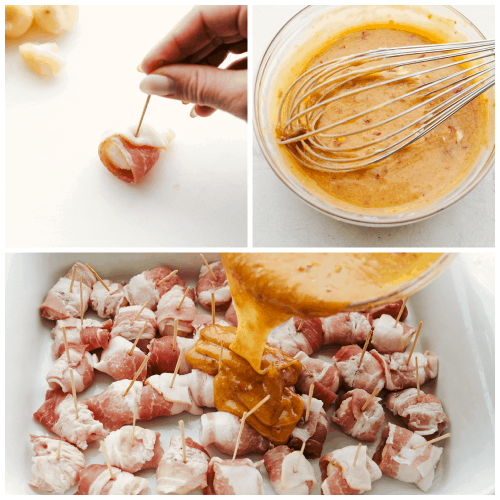 Making bacon wrapped chestnuts with sauce. 