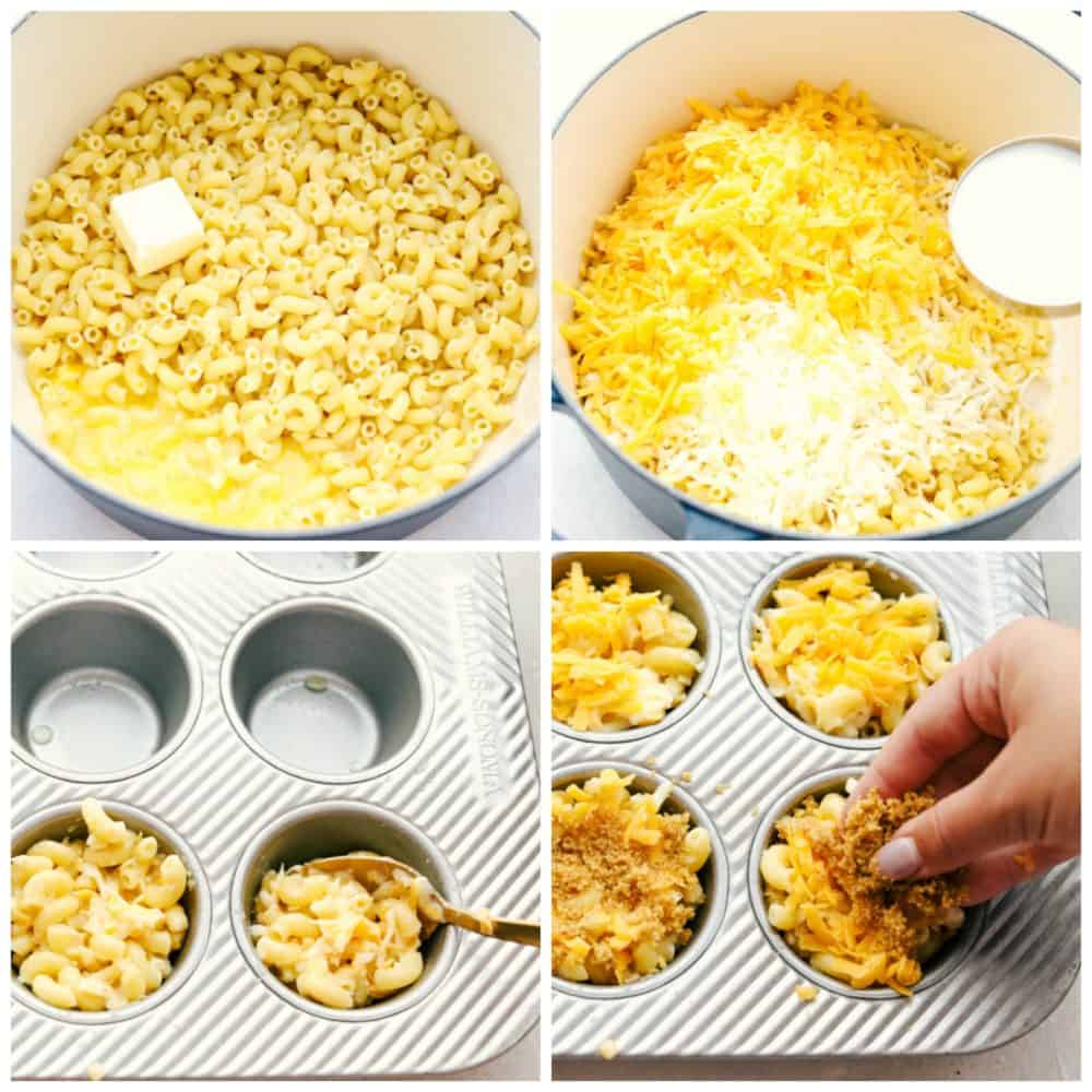 Steps to make mac and cheese cups.