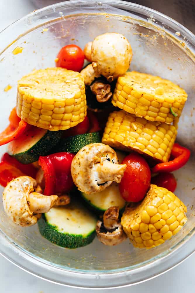 Marinated grilled vegetable kabobs in a bowl