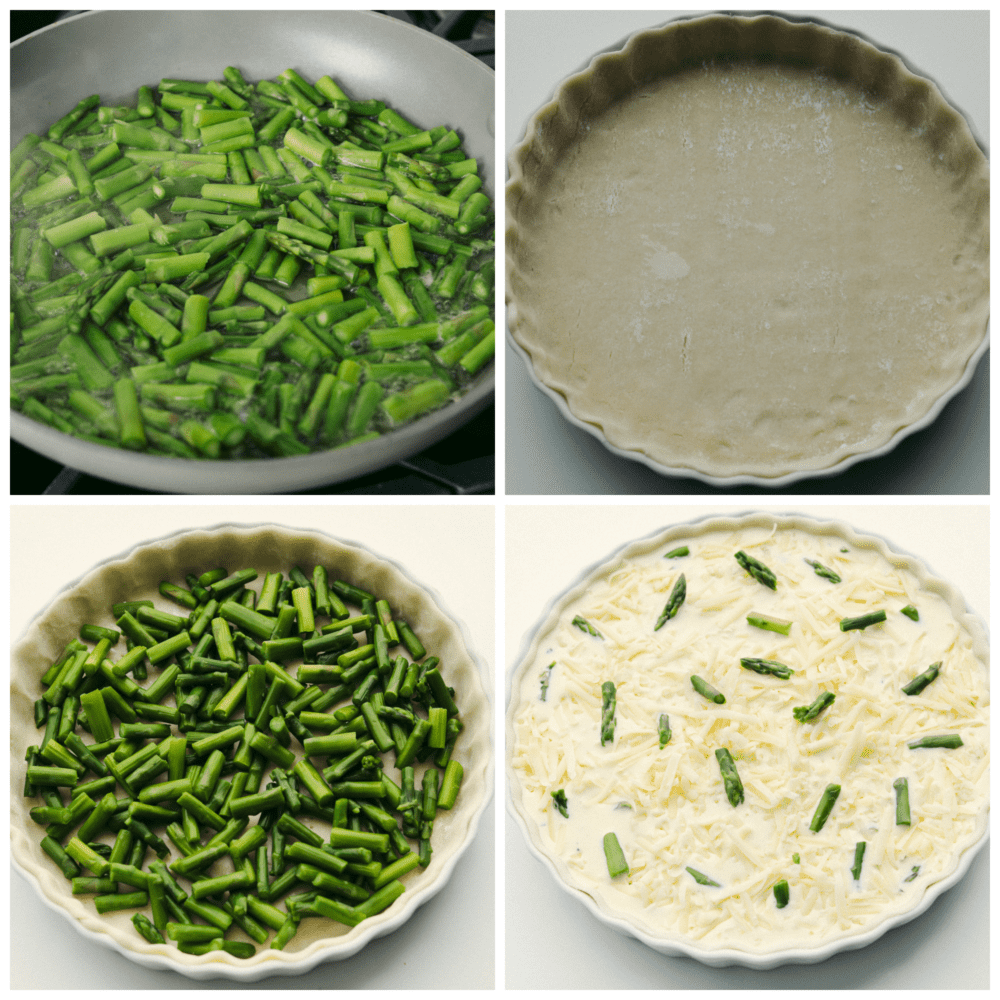 4 picturs showing how to cooke asparagus, form a pie crust into the pan and add in the filling. 
