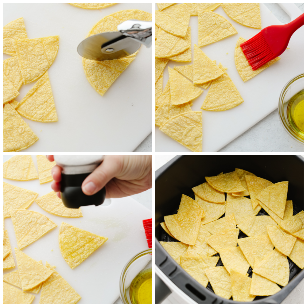 Process shots of cutting tortillas, brushing with olive oil, and cooking in air fryer.