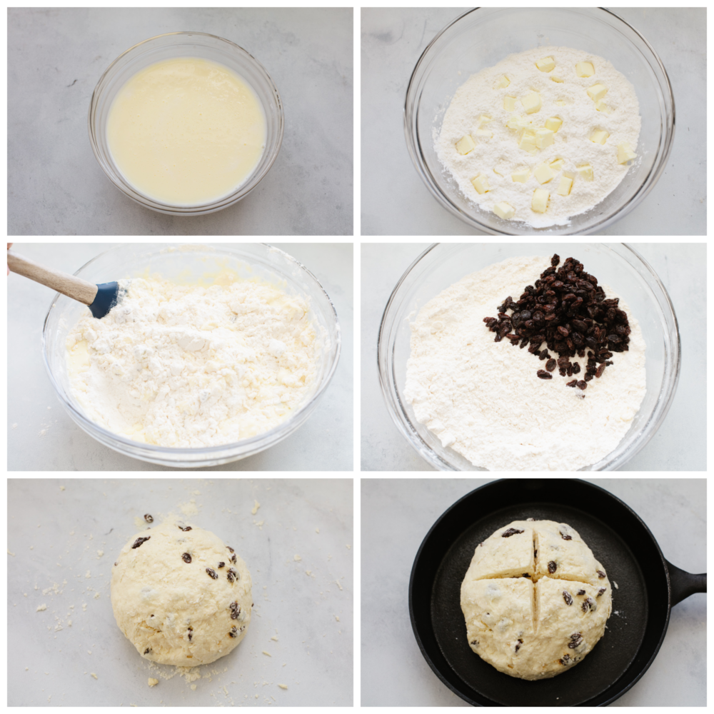 6 pictures showing how to mix ingredients together to make dough. 