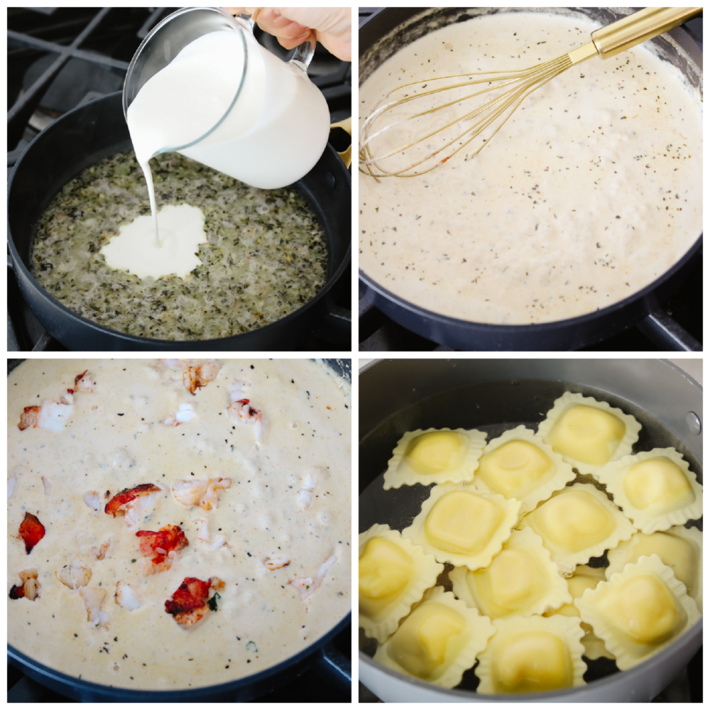 Process photos of preparing sauce and ravioli over stove.