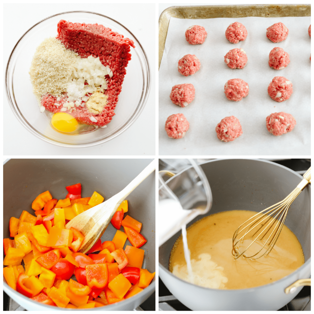 4 pictures showing how to make and form meatballs, cook peppers in oil and make a sauce. 