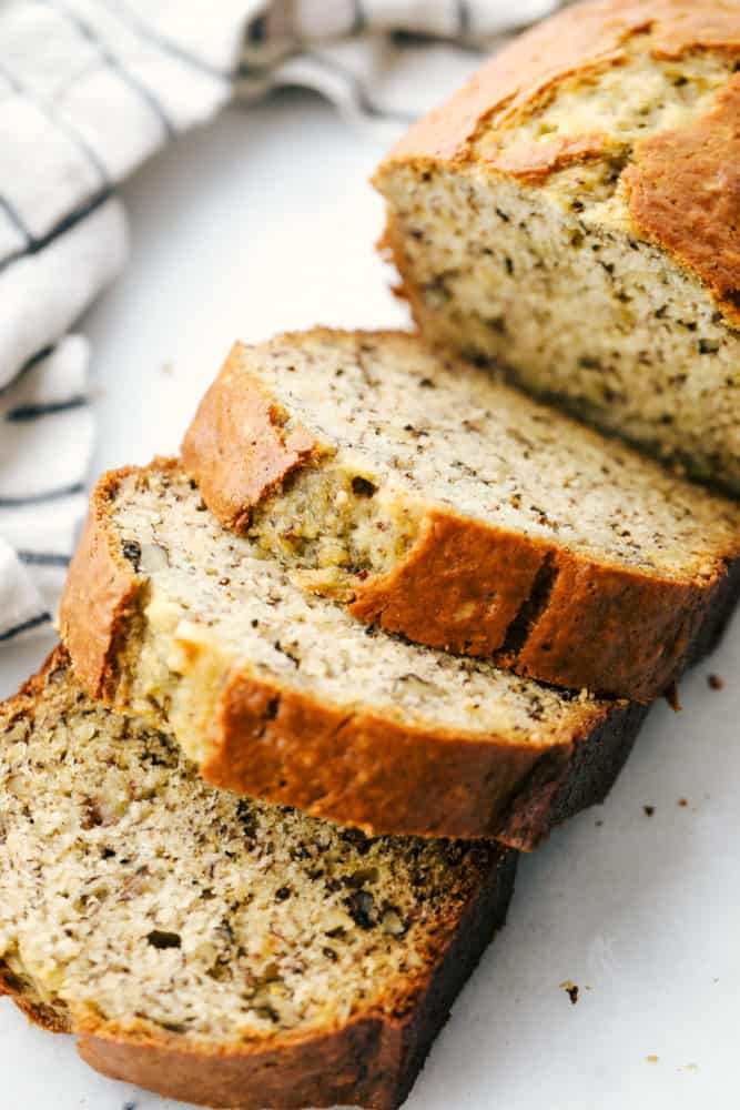 Banana Bread cut into thick slices. 