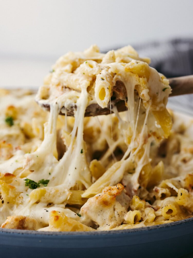Baked chicken alfredo pasta being served with a wooden spoon. 