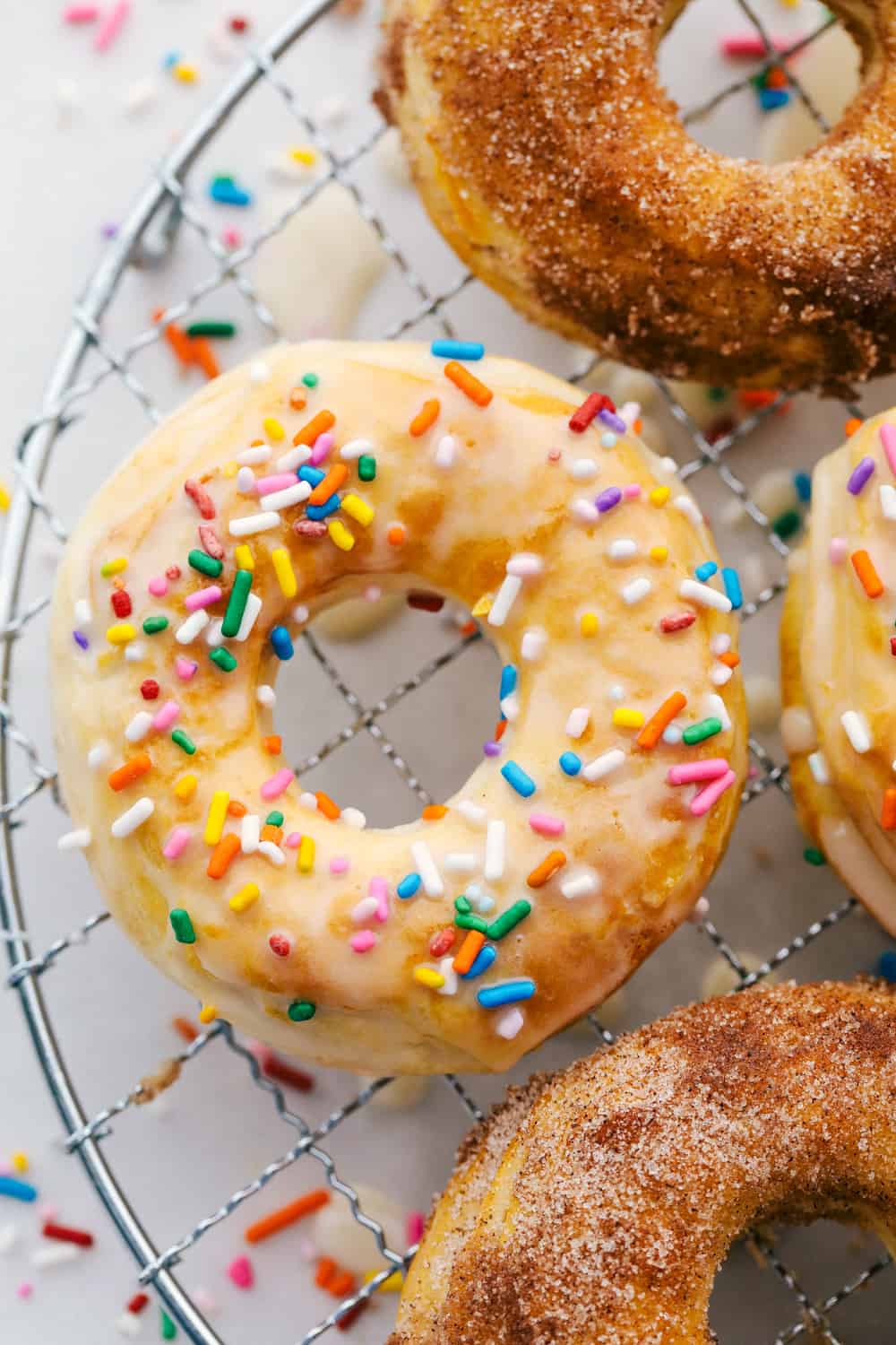 Glazed and cinnamon and sugar air fryer donuts. 