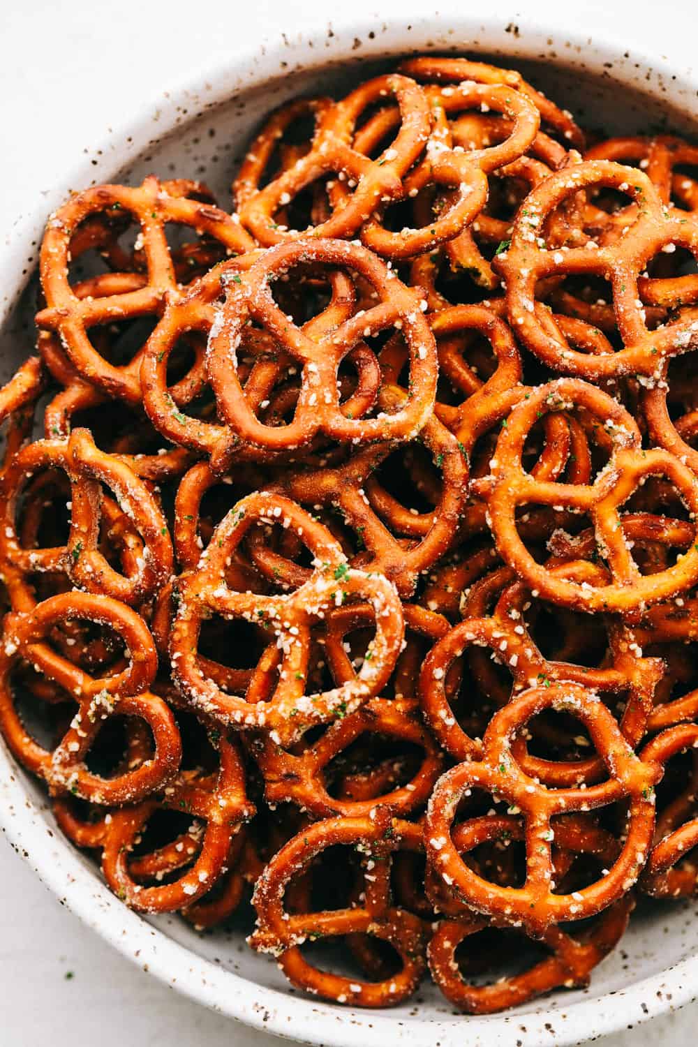 Zesty ranch pretzels in a bowl. 