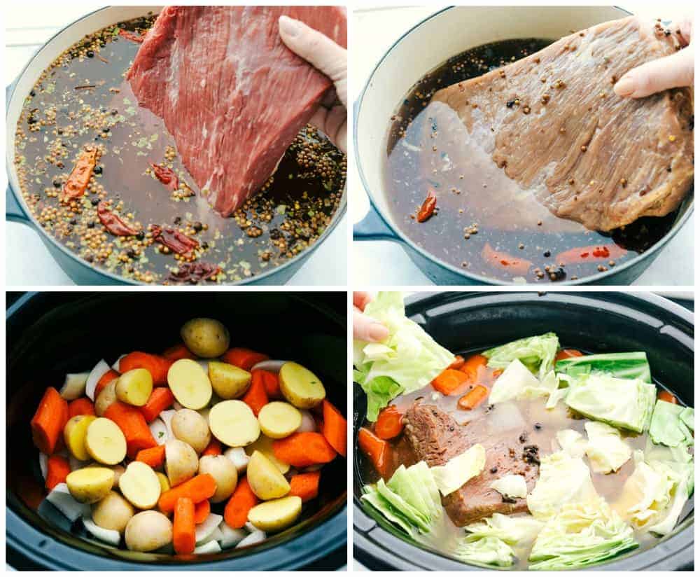 4 pictures showing how to make the brine and add everything to the slow cooker. 