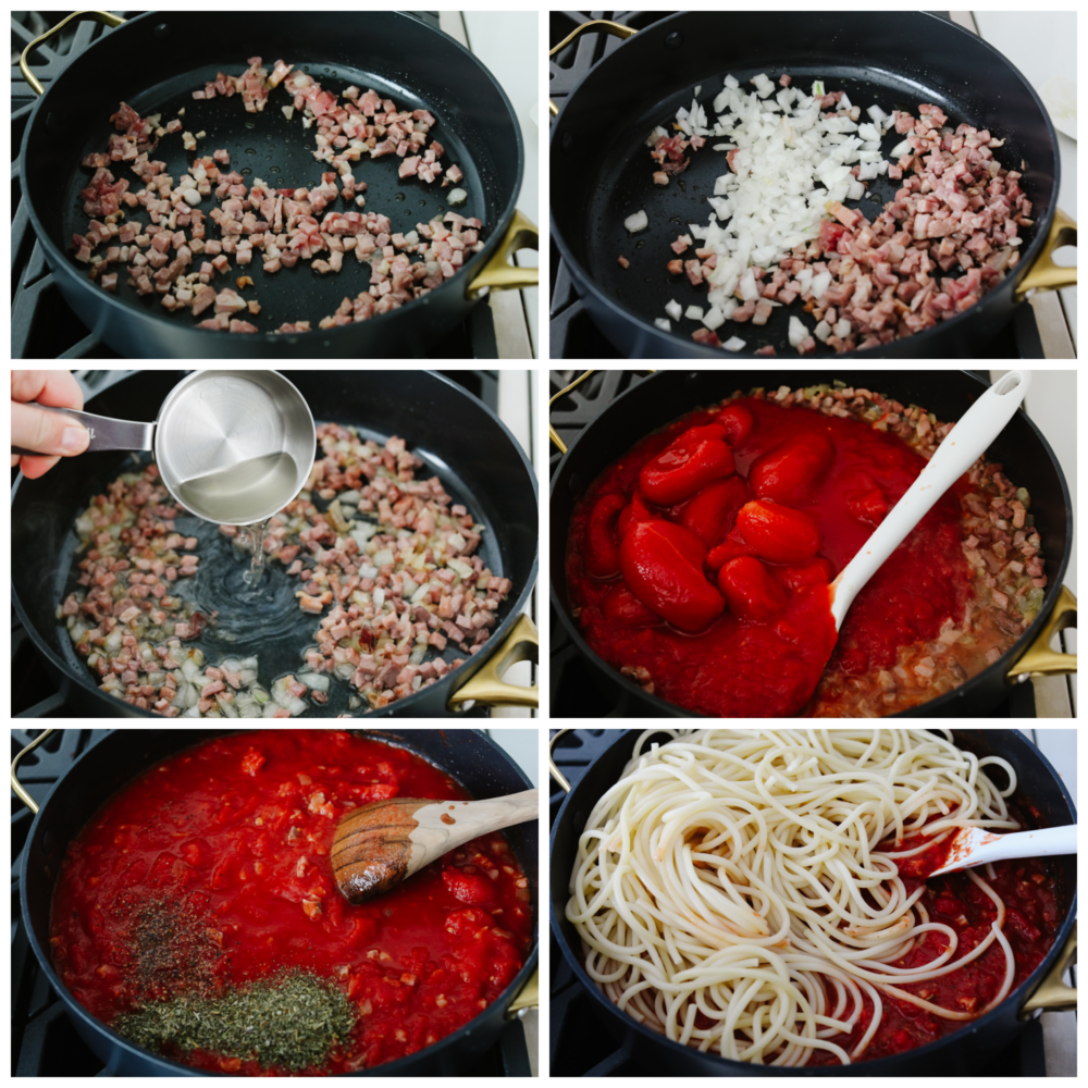 6 pictures showing how to cook up the sauce and add the noodles. 